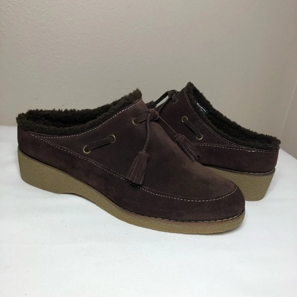 Lands' End Women's Leather Chalet Tassel‎ Fur Lining Brown Mules Clogs 8B